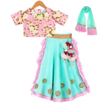 Aqua & Pink Chanderi Ghaghra with Printed Crop Top 1