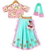 Aqua & Pink Chanderi Ghaghra with Printed Crop Top