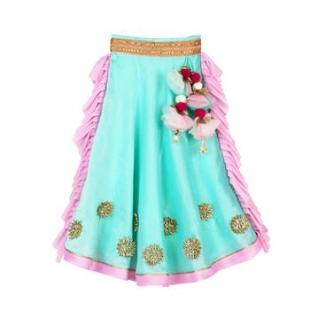 Aqua & Pink Chanderi Ghaghra with Printed Crop Top 2