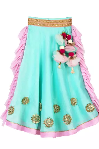 Aqua & Pink Chanderi Ghaghra with Printed Crop Top