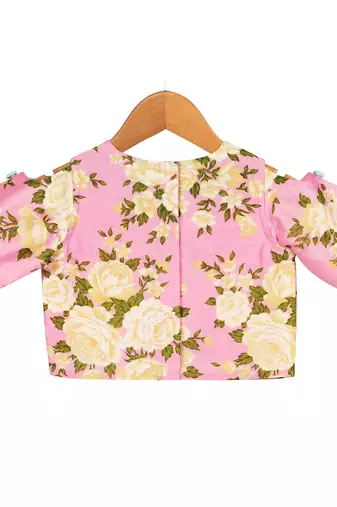 Aqua & Pink Chanderi Ghaghra with Printed Crop Top