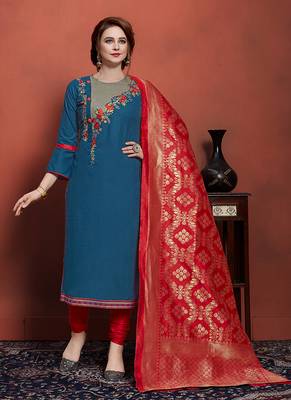blue embroidered cotton unstitched salwar with dupatta 1