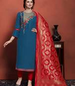 blue embroidered cotton unstitched salwar with dupatta