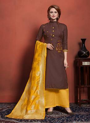 brown embroidered cotton unstitched salwar with dupatta 1