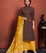 brown embroidered cotton unstitched salwar with dupatta