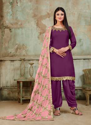 purple embroidered satin semi stitched salwar with dupatta 1