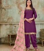 purple embroidered satin semi stitched salwar with dupatta