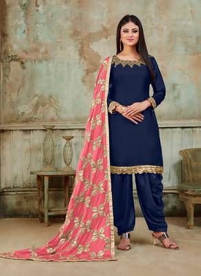 blue embroidered satin semi stitched salwar with dupatta 1