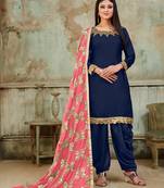 blue embroidered satin semi stitched salwar with dupatta