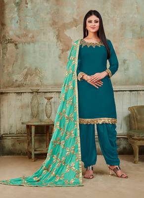 blue embroidered satin semi stitched salwar with dupatta 1