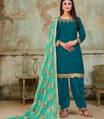 blue embroidered satin semi stitched salwar with dupatta