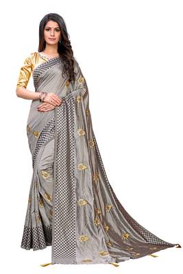 Grey embroidered poly silk saree with blouse 1