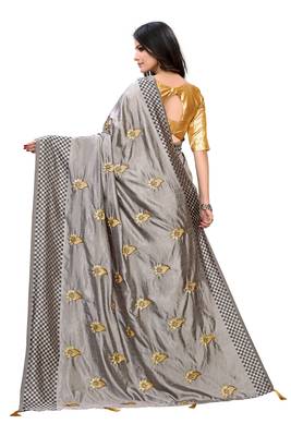 Grey embroidered poly silk saree with blouse 2