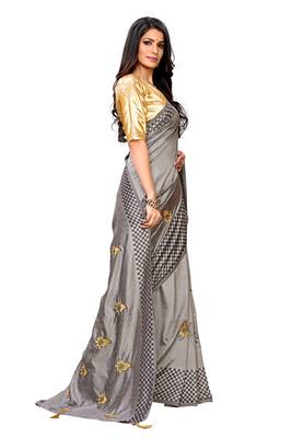 Grey embroidered poly silk saree with blouse 3