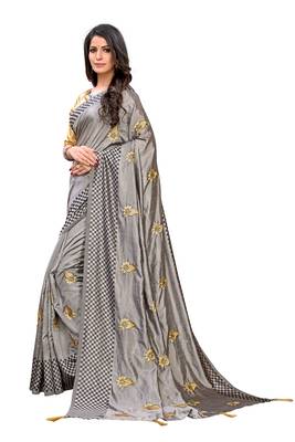 Grey embroidered poly silk saree with blouse 4