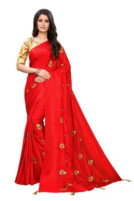 Red embroidered poly silk saree with blouse 1