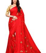 Red embroidered poly silk saree with blouse