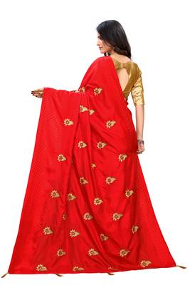 Red embroidered poly silk saree with blouse 2