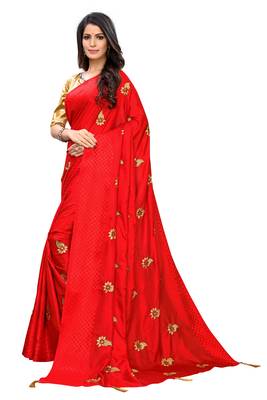 Red embroidered poly silk saree with blouse 3
