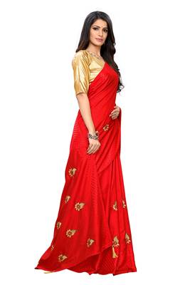 Red embroidered poly silk saree with blouse 4