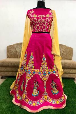 Pink embroidered silk semi stitched lehenga 1