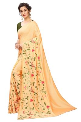 Light Orange Embriodered art silk Saree With Blouse Piece. 2