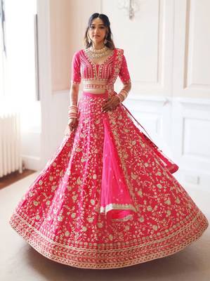 Meghalya Art Silk Thread Embroidered Hot Pink Bridal Lehenga Choli 1