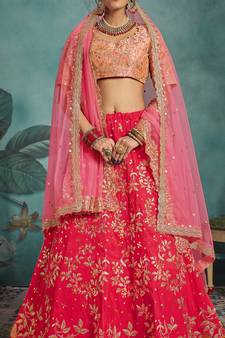 Meghalya Art Silk Thread Embroidered Hot Pink Bridal Lehenga Choli
