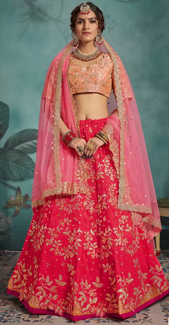 Meghalya Art Silk Thread Embroidered Hot Pink Bridal Lehenga Choli