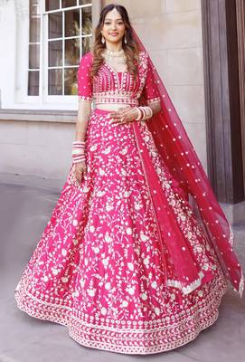 Meghalya Art Silk Thread Embroidered Hot Pink Bridal Lehenga Choli 2