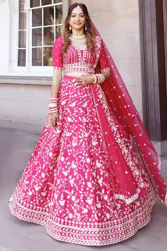 Meghalya Art Silk Thread Embroidered Hot Pink Bridal Lehenga Choli