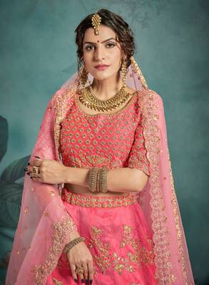 DESIRING Pink Sequins Embroidered Art Silk Semi Stitched lehenga with double dupatta 3