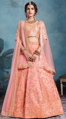 SPARKLING Peach Sequins Embroidered Art Silk Semi Stitched lehenga with double dupatta 1