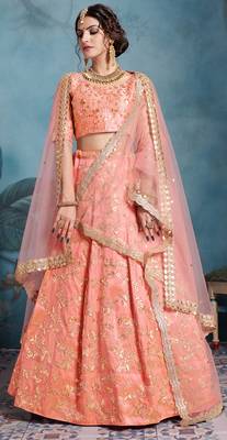 SPARKLING Peach Sequins Embroidered Art Silk Semi Stitched lehenga with double dupatta 2