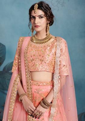 SPARKLING Peach Sequins Embroidered Art Silk Semi Stitched lehenga with double dupatta 3