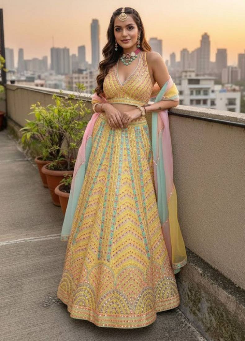  Yellow Dolo Silk With Heavy Fusing Thread Zari And Sequins Embroidered Indian Wedding Lehenga Dress Designs