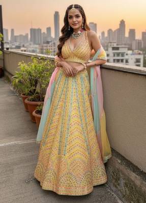  Yellow Dolo Silk With Heavy Fusing Thread Zari And Sequins Embroidered Indian Wedding Lehenga Dress Designs 1