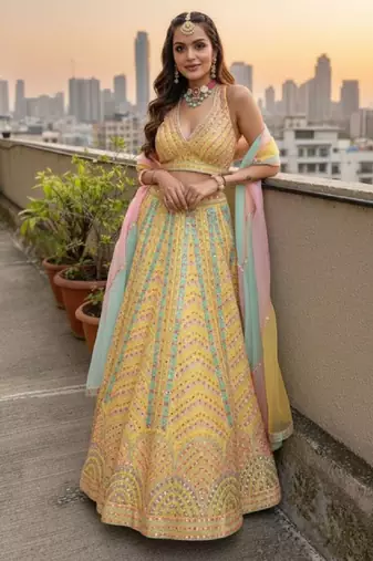  Yellow Dolo Silk With Heavy Fusing Thread Zari And Sequins Embroidered Indian Wedding Lehenga Dress Designs