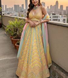  Yellow Dolo Silk With Heavy Fusing Thread Zari And Sequins Embroidered Indian Wedding Lehenga Dress Designs