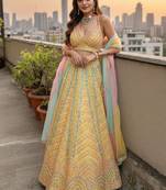  Yellow Dolo Silk With Heavy Fusing Thread Zari And Sequins Embroidered Indian Wedding Lehenga Dress Designs