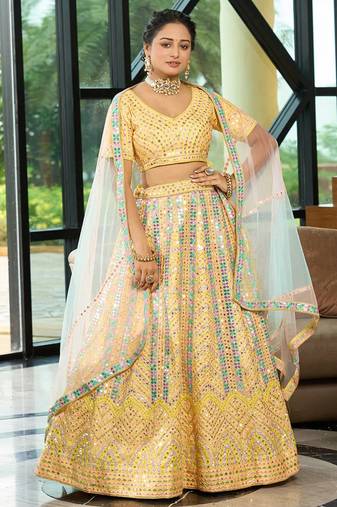  Yellow Dolo Silk With Heavy Fusing Thread Zari And Sequins Embroidered Indian Wedding Lehenga Dress Designs