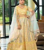  Yellow Dolo Silk With Heavy Fusing Thread Zari And Sequins Embroidered Indian Wedding Lehenga Dress Designs