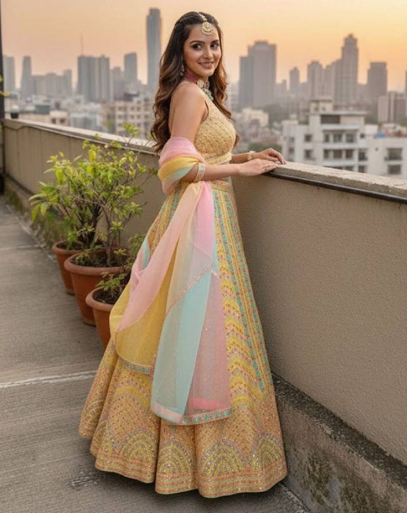  Yellow Dolo Silk With Heavy Fusing Thread Zari And Sequins Embroidered Indian Wedding Lehenga Dress Designs