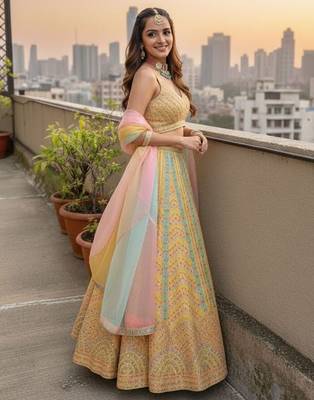  Yellow Dolo Silk With Heavy Fusing Thread Zari And Sequins Embroidered Indian Wedding Lehenga Dress Designs 3