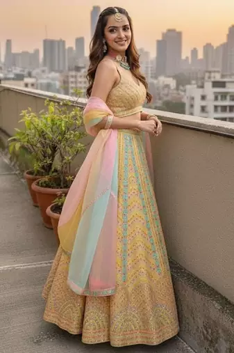  Yellow Dolo Silk With Heavy Fusing Thread Zari And Sequins Embroidered Indian Wedding Lehenga Dress Designs
