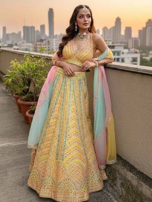  Yellow Dolo Silk With Heavy Fusing Thread Zari And Sequins Embroidered Indian Wedding Lehenga Dress Designs 4