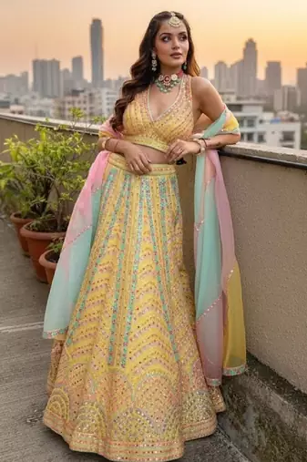  Yellow Dolo Silk With Heavy Fusing Thread Zari And Sequins Embroidered Indian Wedding Lehenga Dress Designs