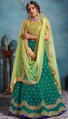 STUNNING Green Sequins Embroidered Art Silk Semi stitched lehenga with double dupatta 1