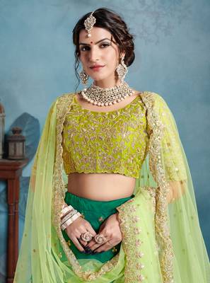 STUNNING Green Sequins Embroidered Art Silk Semi stitched lehenga with double dupatta 3