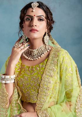 STUNNING Green Sequins Embroidered Art Silk Semi stitched lehenga with double dupatta 4